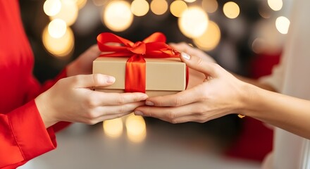 Hands exchanging a gift wrapped in brown paper with a red ribbon against bokeh lights background