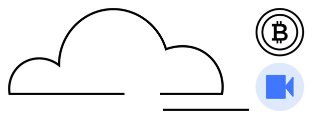 Cloud outline with Bitcoin token and video call icon symbolizes blockchain, remote collaboration, and digital storage. Ideal for fintech, communication, innovation, blockchain, virtual work, cloud