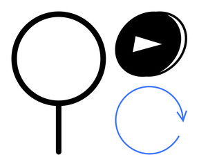 Magnifying glass symbolizes search or zoom play button for media interaction circular arrow depicts process, refresh, or repeat. Ideal for research, technology, media, updates, processes, UX design
