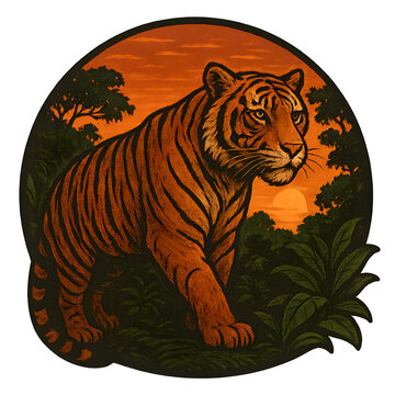 Vintage Realistic Sumatran Tiger Sticker Vector &ndash; Tropical Rainforest Sunset Illustration