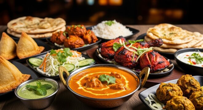 A Culinary Mosaic of Indian Delights: A rich assortment of traditional Indian dishes, artfully arranged to showcase a symphony of flavors and aromas, inviting the viewer on a gastronomic journey.