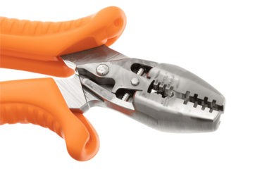 Close up of orange handled wire stripper tool on black background