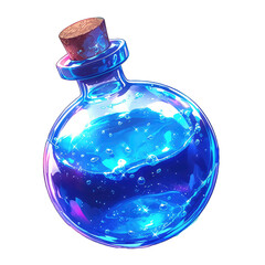 Round magic potion bottle filled with vibrant blue liquid and bubbles, illustrated in a fantasy style, perfect for alchemy or game concept art.
