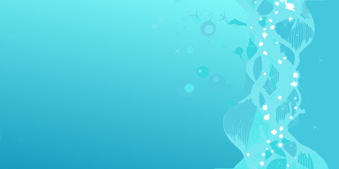Abstract flowing turquoise wave with bubbles and sparkles on a gradient background