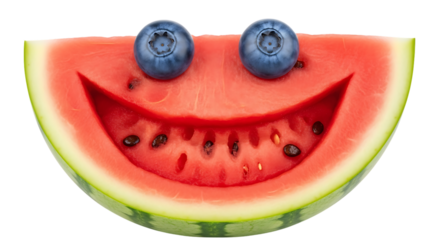 Whimsical watermelon smile with blueberry eyes, a healthy and fun snack idea, perfect for summer promotions or kids' menus, vibrant and playful fruit art