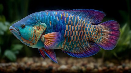 A vividly colored fish swimming gracefully in an aquarium with lush greenery in the background