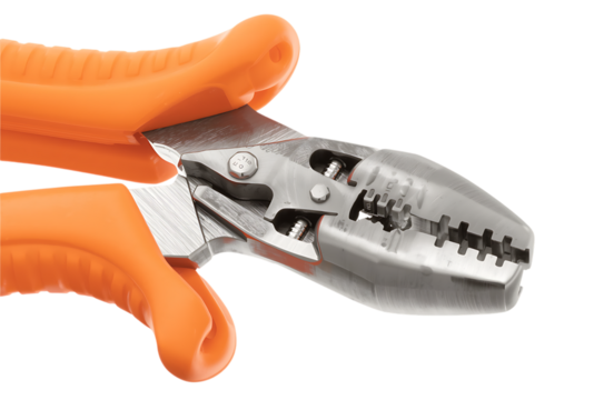 Close up of orange handled wire stripper tool on black background