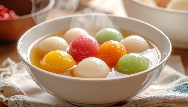 Sweet and Colorful Tangyuan in a White Bowl. Traditional Food for Celebrating the Dongzhi Festival (Winter Solstice).