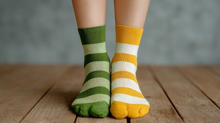 A whimsical display of mismatched socks showcasing individuality and quirky fashion sense