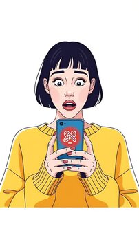 Shocked Woman Looks at Phone With Error Message Yellow Sweater White Background