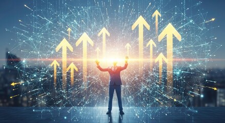 Vision of Growth: A silhouette of a business person stands atop a city skyline, arms outstretched toward upward-pointing arrows, symbolizing growth and progress