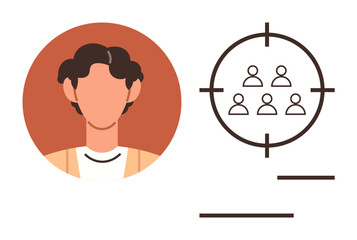 Focused individual beside a targeting reticle with multiple people, highlighting audience segmentation, personalization, team building, recruitment, leadership, marketing, and customer focus