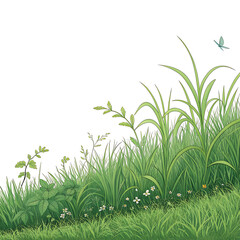 Obraz premium Lush green grass and plants with a bird flying in the sky