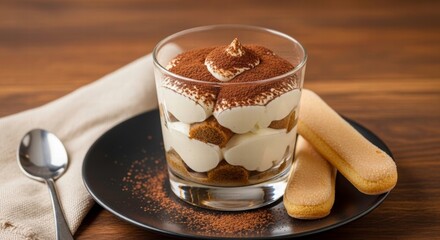 Tiramisu Delight: A delectable tiramisu is elegantly presented in a transparent glass with ladyfinger biscotti, offering a delightful experience and perfect indulgence.
