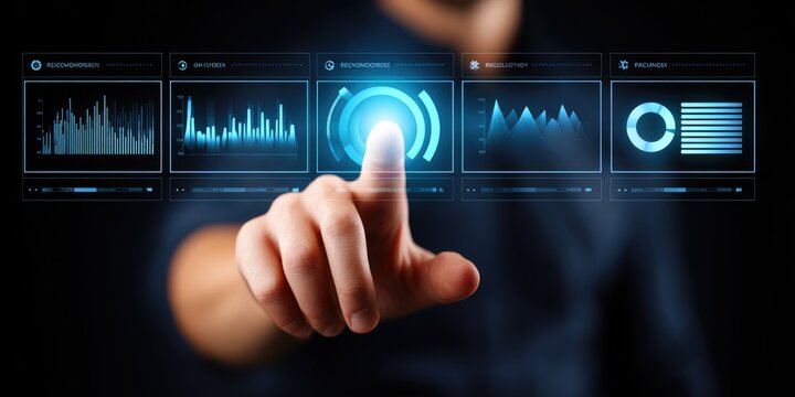 Interactive data visualization dashboard digital workspace ui interface high-tech environment close-up view user engagement - Powered by Adobe