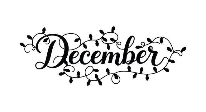 Elegant calligraphy of the word december intertwined with festive christmas lights and decorative swirls