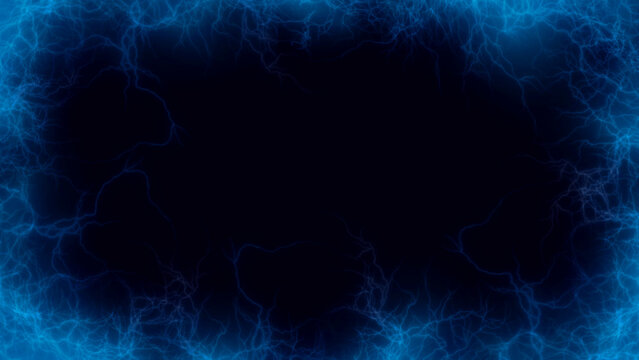 Electric Blue Glowing Lightning Discharge Frame Border on Dark Background for Energy, Power, Storm, Science, and Abstract Technology Marketing