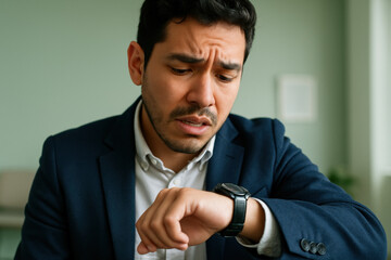 Worried young businessman checking time on wristwatch, looking anxious and stressed in modern office setting