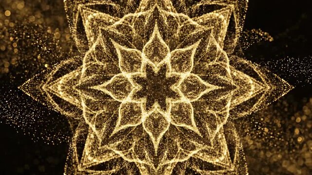 Macro slow motion visualization of shimmering gold particles vibrating and shifting into complex symmetrical patterns texture, vibration, detailed