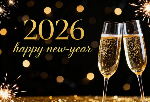 Happy new year 2026 celebration with two champagne glasses toasting against a black background with golden bokeh lights
