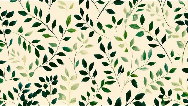 Botanical pattern with green leaves and branches on a light background.
