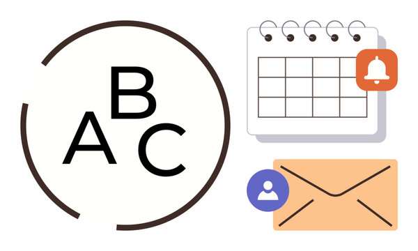 Letters A, B, C and symbols representing organization, communication, and scheduling. Ideal for education, reminders, email notification planning professional settings collaboration. Simple flat