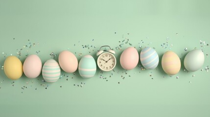 Easter eggs and alarm clock on pastel green background with glitter