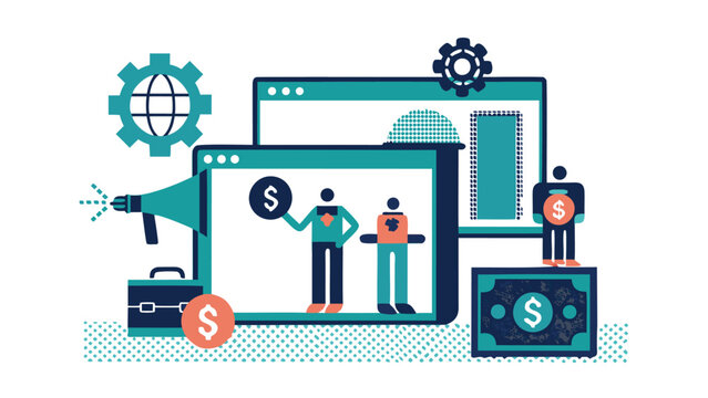 Illustration of diverse marketers collaborating and strategizing while running a programmatic advertising campaign showcasing growth and digital marketing success