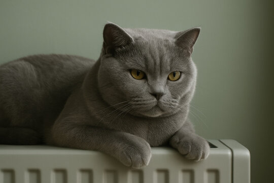 Relaxed british shorthair cat with gray fur lying on warm radiator, cozy indoor pet enjoying comfortable home environment