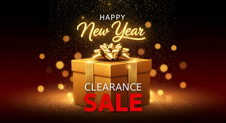 Luxurious gold gift box with shiny ribbon bow standing on shimmering confetti stage promoting exclusive holiday season shopping discounts and dramatic offers for Happy New Year Eve Clearance Sale