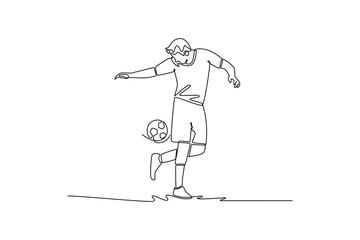 Single one line drawing young man soccer freestyle athlete bouncing ball off his foot with focused balance. Skill and dynamic control of sport. Continuous line draw design graphic vector illustration
