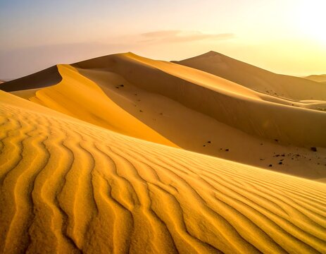 Golden desert landscape with rippling sand dunes, illuminated by sunset - Powered by Adobe