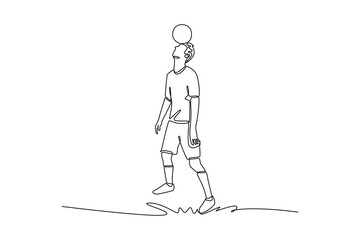 Continuous one line drawing man soccer freestyle athlete expertly balancing ball on his forehead while standing upright. Precise control and focus. Single line draw design vector graphic illustration