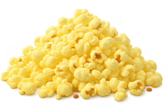 Popcorn piled creating a snack mountain, ready for movie night, cinema treat, or party food on transparent background