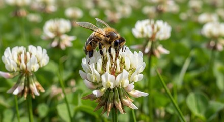 Busy Bee on Clover Blossom: A honeybee diligently gathers nectar from a pristine white clover blossom in a sun-drenched meadow.