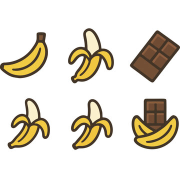 A collection of six cartoon-style illustrations featuring bananas and chocolate bars, presented in a grid format.