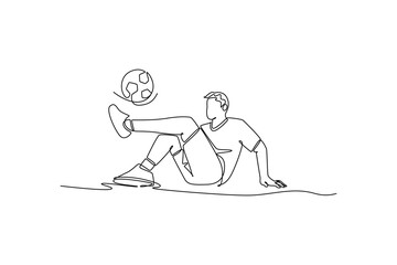 Continuous one line drawing young man soccer freestyle athlete seated on the ground, expertly juggling ball between his feet and knees. Fluid skill. Single line draw design vector graphic illustration