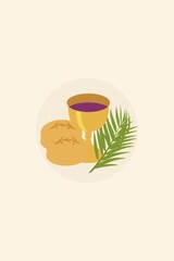 Communion elements of bread and wine with palm frond