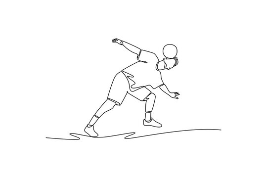 Continuous one line drawing young man soccer freestyle athlete balancing ball on back of his neck while leaning forward. Precise control and focus. Single line draw design vector graphic illustration - Powered by Adobe