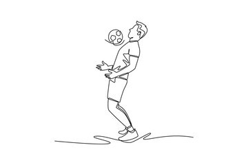 Continuous one line drawing young man soccer freestyle athlete deftly juggling ball off his chest while leaning back. Fluid skill, precise control. Single line draw design vector graphic illustration