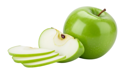 Crisp green apple with sliced wedges, a vibrant healthy treat for snacking or baking, perfect for promoting wellness and a balanced diet, naturally delicious