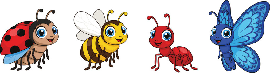 Cartoon ladybug, bee, ant, butterfly illustration, cute insects, colorful vector, children’s education, nature design, animal characters, friendly style artwork