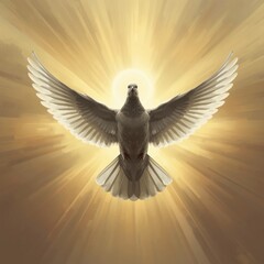 Symbolic white dove with outstretched wings bathed in divine golden light