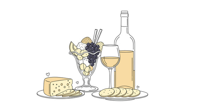 Elegant line art illustration of a wine and cheese pairing with crackers a fruit parfait and a bottle of white wine for a romantic dinner. - Powered by Adobe
