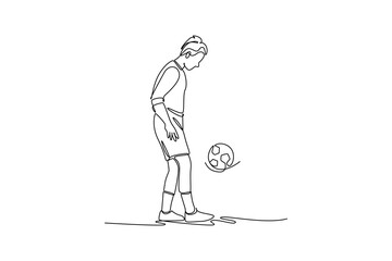Single continuous line drawing young woman soccer freestyle athlete expertly juggling ball off her foot with focused control. Dynamic balance of sport. One line draw graphic design vector illustration