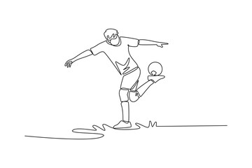 Single one line drawing young man soccer freestyle athlete balancing ball on his heel with arms wide. Fluid skill and dynamic control of sport. Continuous line draw design graphic vector illustration