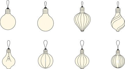 Collection of eight stylized light bulb illustrations in various shapes and designs