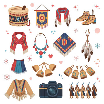 Native american powwow accessories set with traditional elements.