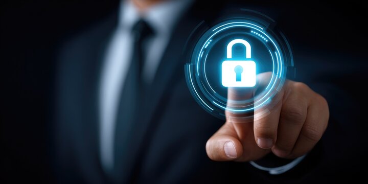 Securing digital data professional in suit engaging with cybersecurity technology in modern office environment