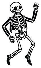 Dancing skeleton silhouette set in vintage Halloween style, spooky festive bone characters dancing